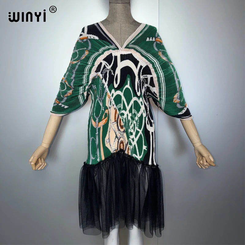 Pleated Slim Dress - Beach Cover Up Holiday Boho Kaftan