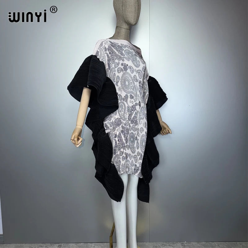 Africa Pleated Elastic Short Dress - Casual Beach Kaftan Abaya