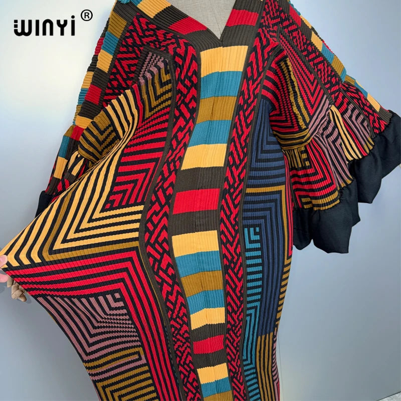 Pleated Elastic Puff Sleeves Dress - Boho Beach Kaftan Abaya