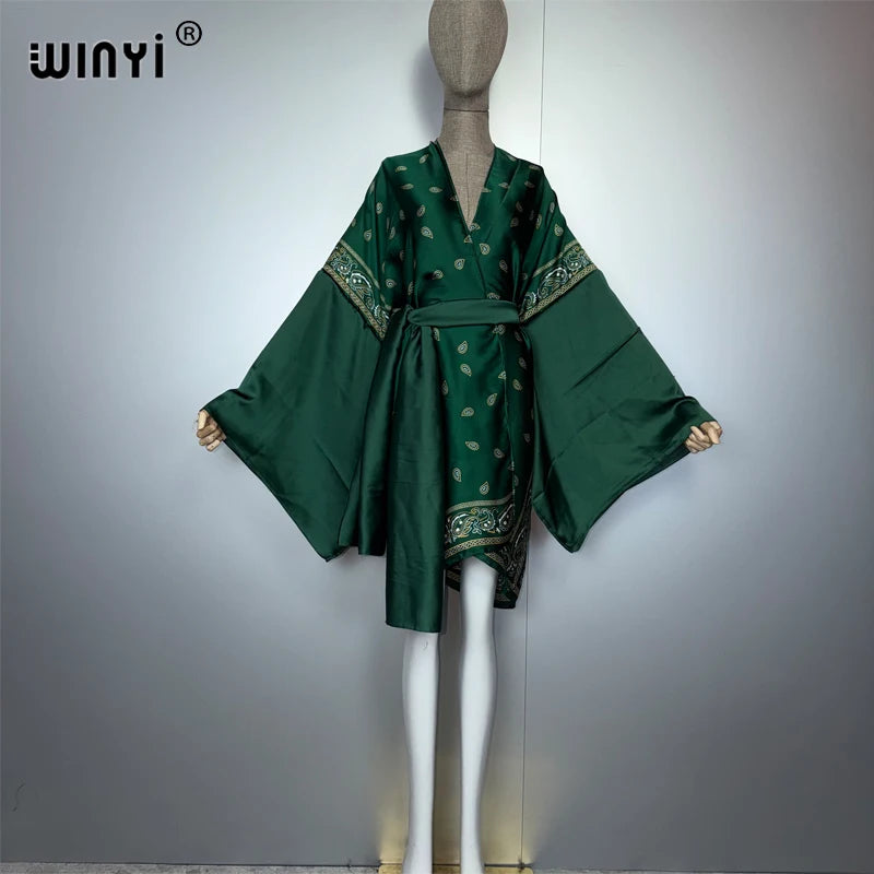 Fashion Kimono Beach Cover Up - Swim Suit Self Belt Holiday Coat
