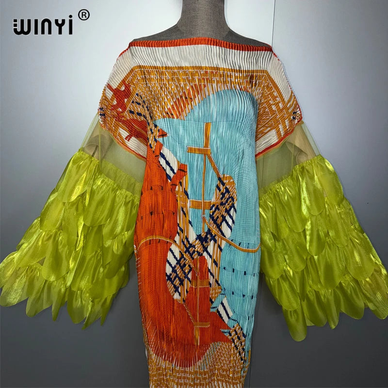 Elastic Slim Pleated Dress - Boho Beach Kaftan Abaya