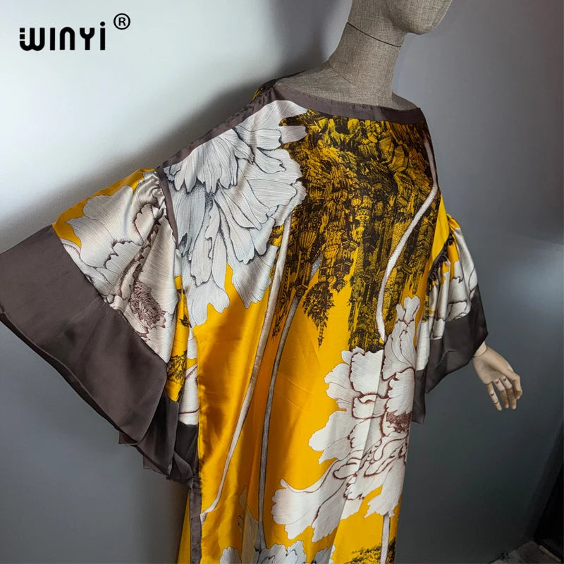 Puff Sleeves Evening Dress - Loose Print Kaftan Party Abaya