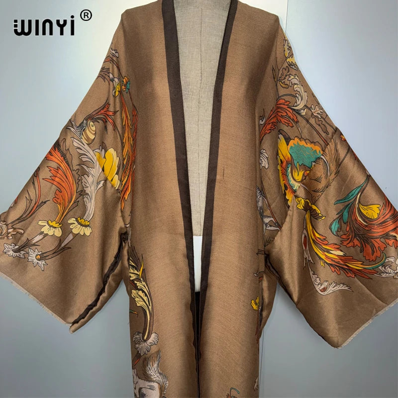 WINYI Africa boho kimono maxi dress beach cover up Cardigan maxi coat print kaftan beach outfits women muslim abaya dubai luxury