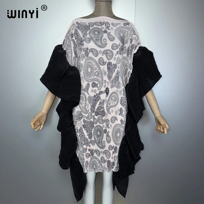 Africa Pleated Elastic Short Dress - Casual Beach Kaftan Abaya