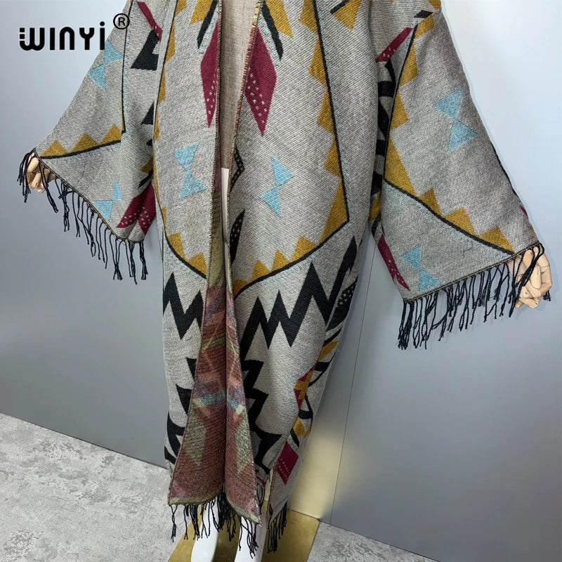 Autumn Tassel Kimono Print Long Coat - Warm Cardigan