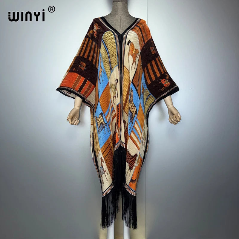 WINYI Africa tassel Pleated loose dress boho beach Cover-up muslim fashion kaftan abaya dubai luxury holiday evening dress