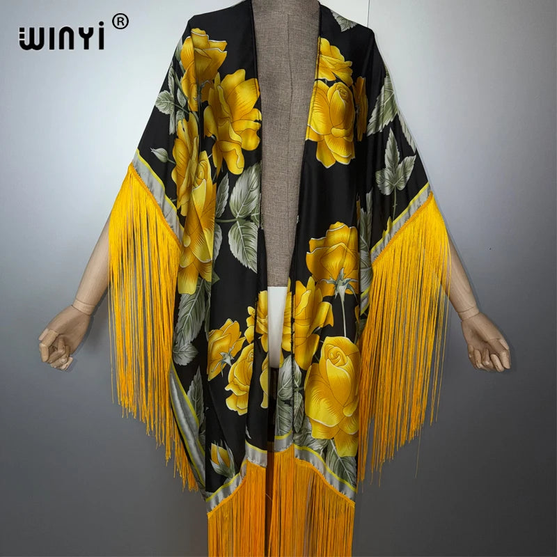 Africa Kimono Bohemia Print Bikini Cover-Up - Tassel Maxi