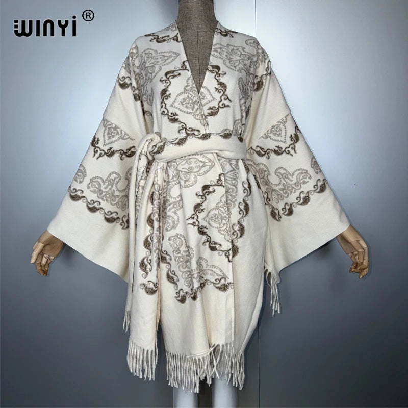 Tassel Embroidery Long Sleeve Coat - Warm Robe Cardigan Abaya