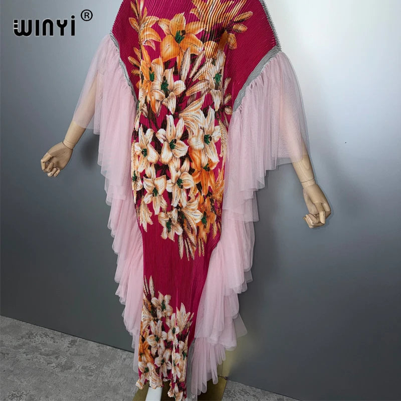 Pleated Elastic Slim Dress - Beach Cover Up Holiday Kaftan Abaya