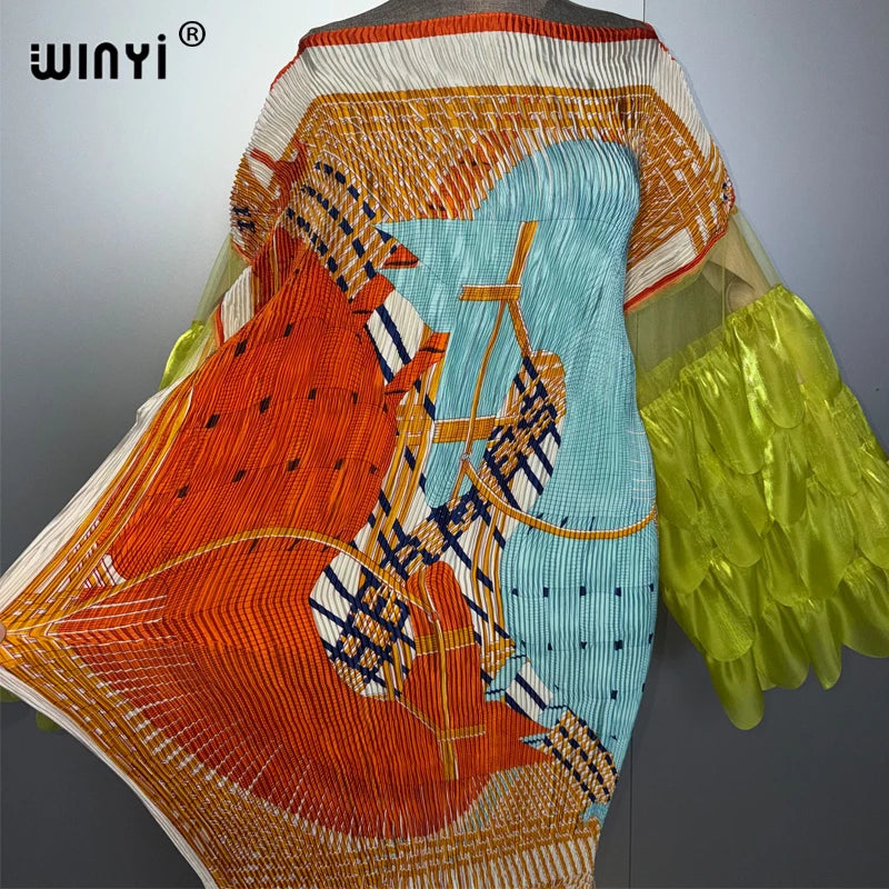 Elastic Slim Pleated Dress - Boho Beach Kaftan Abaya