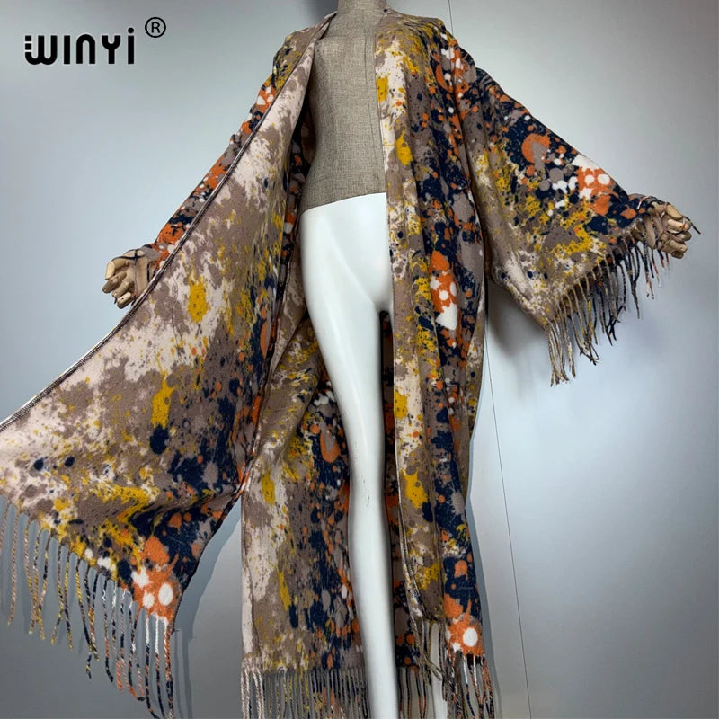 Print Tassel Winter Long Cardigan - African Kimono Overcoat