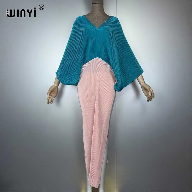 Women Elastic Long Dress - Loose Boho Robe Pleated Kaftan
