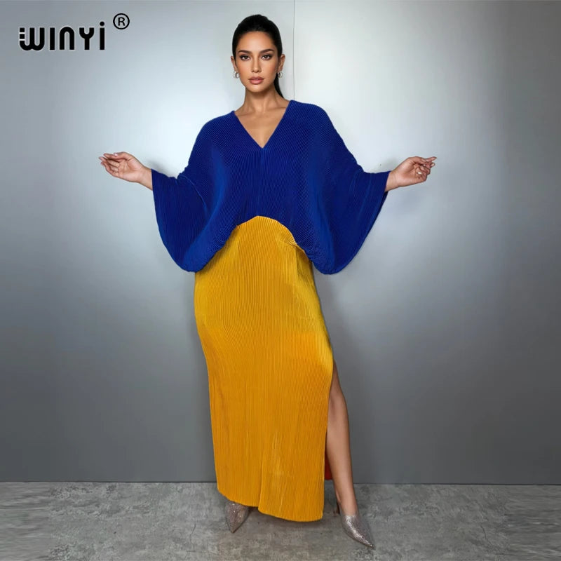 Women Elastic Long Dress - Loose Boho Robe Pleated Kaftan