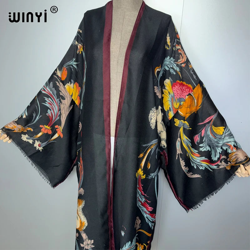 WINYI Africa boho kimono maxi dress beach cover up Cardigan maxi coat print kaftan beach outfits women muslim abaya dubai luxury