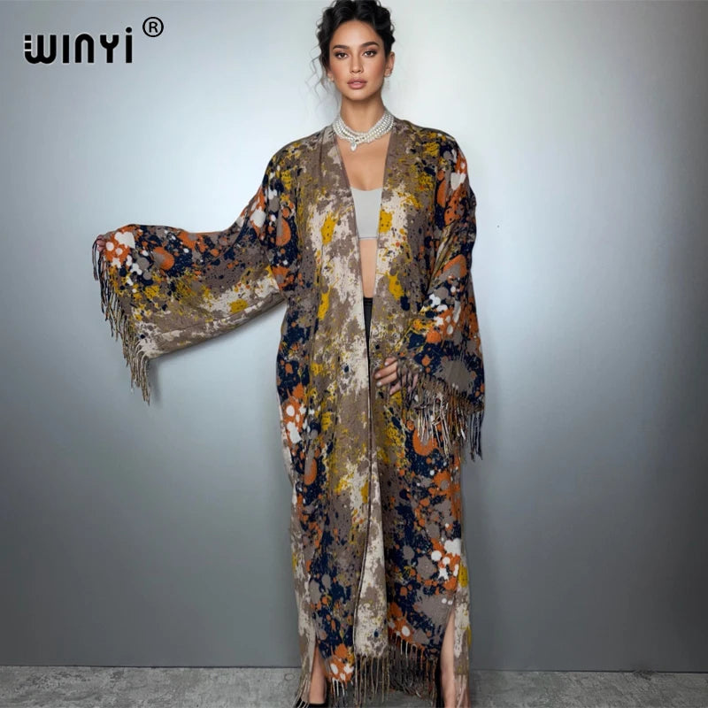 Print Tassel Winter Long Cardigan - African Kimono Overcoat