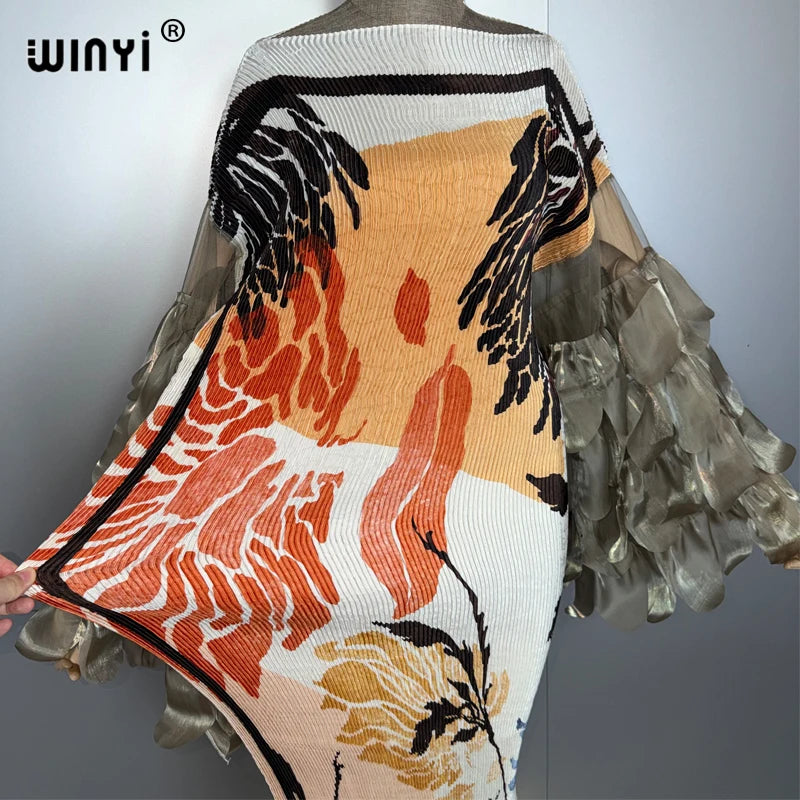 Elastic Slim Pleated Dress - Beach Cover Up Boho Kaftan Abaya