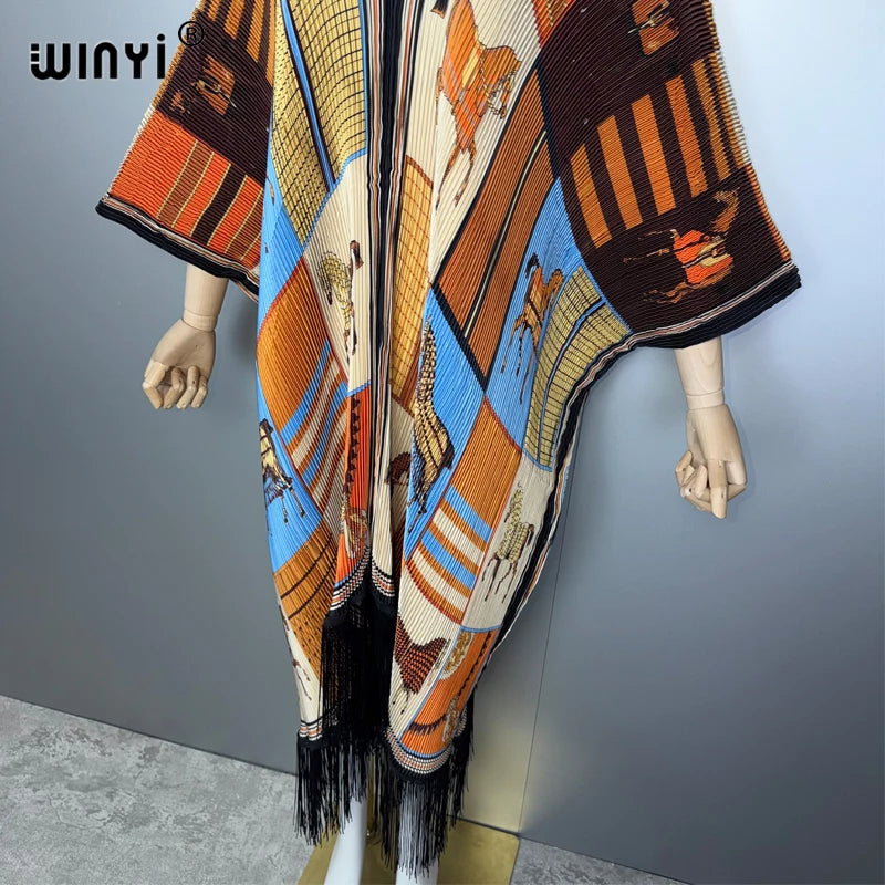 WINYI Africa tassel Pleated loose dress boho beach Cover-up muslim fashion kaftan abaya dubai luxury holiday evening dress