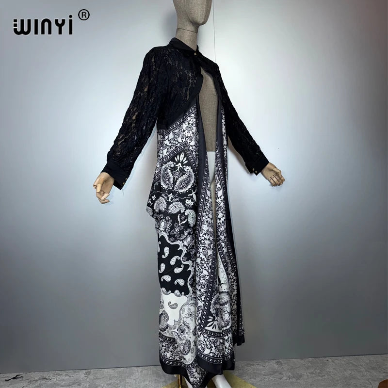Long Coat Africa Lace Neckline - Street Wear Print Kaftan Abaya