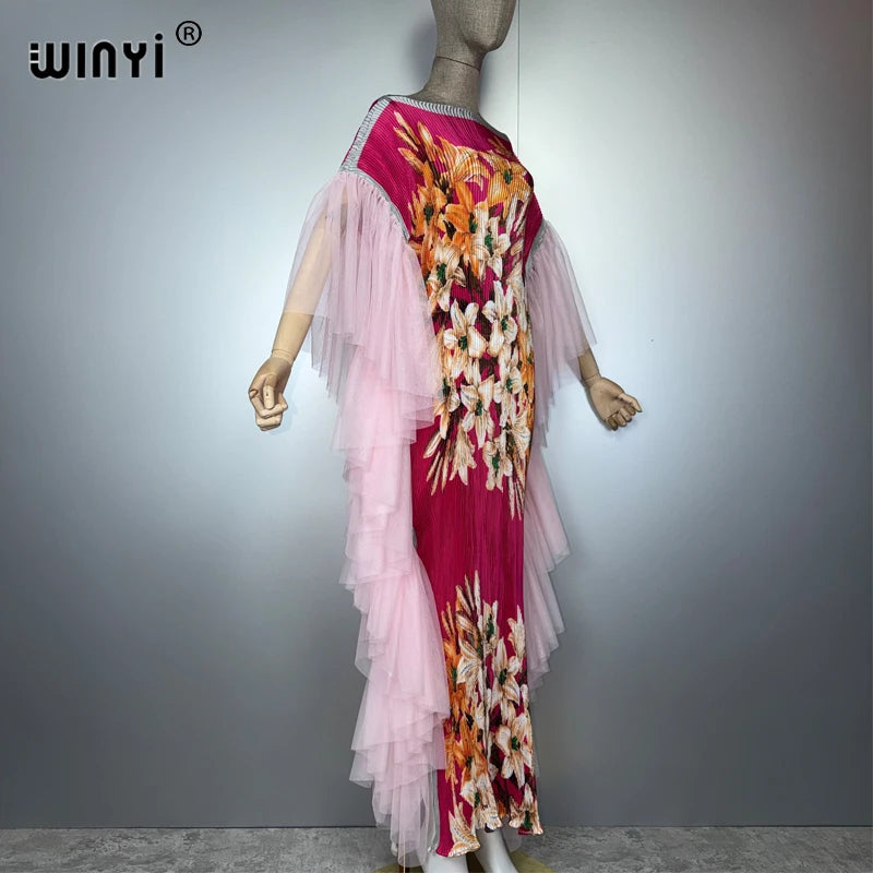 Pleated Elastic Slim Dress - Beach Cover Up Holiday Kaftan Abaya