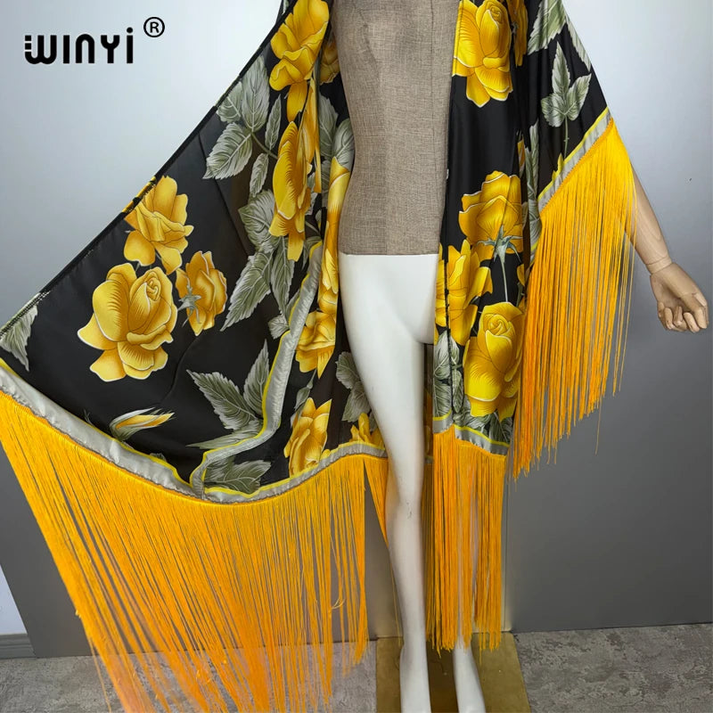 Africa Kimono Bohemia Print Bikini Cover-Up - Tassel Maxi