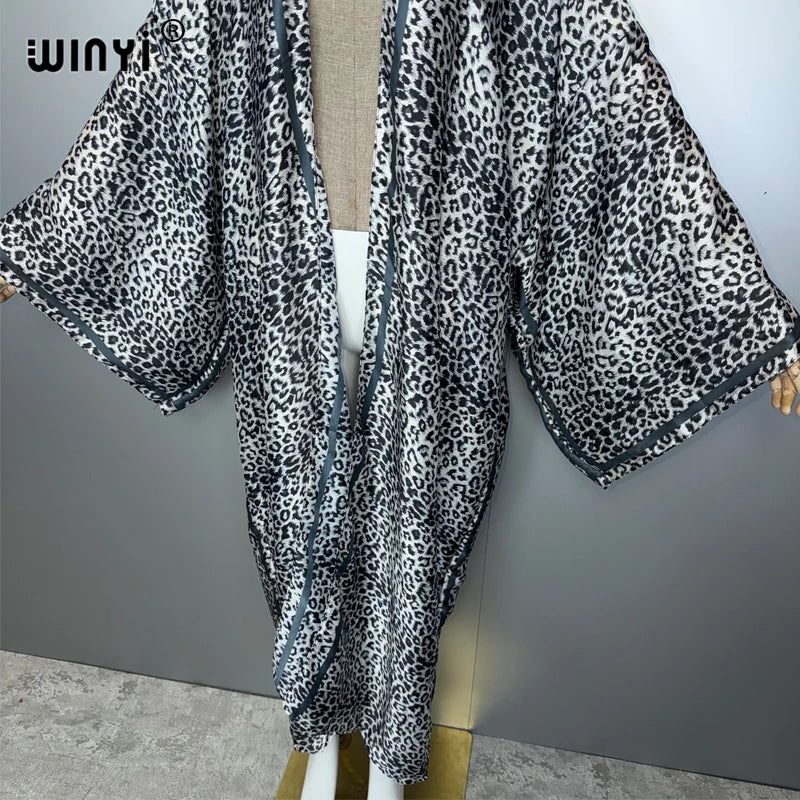 WINYI Kimono African Women abaya muslim woman Cardigan Female leopard print Loose party kaftan Casual beach Cover Up boho dress