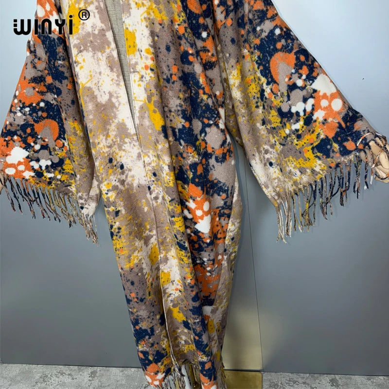 Print Tassel Winter Long Cardigan - African Kimono Overcoat