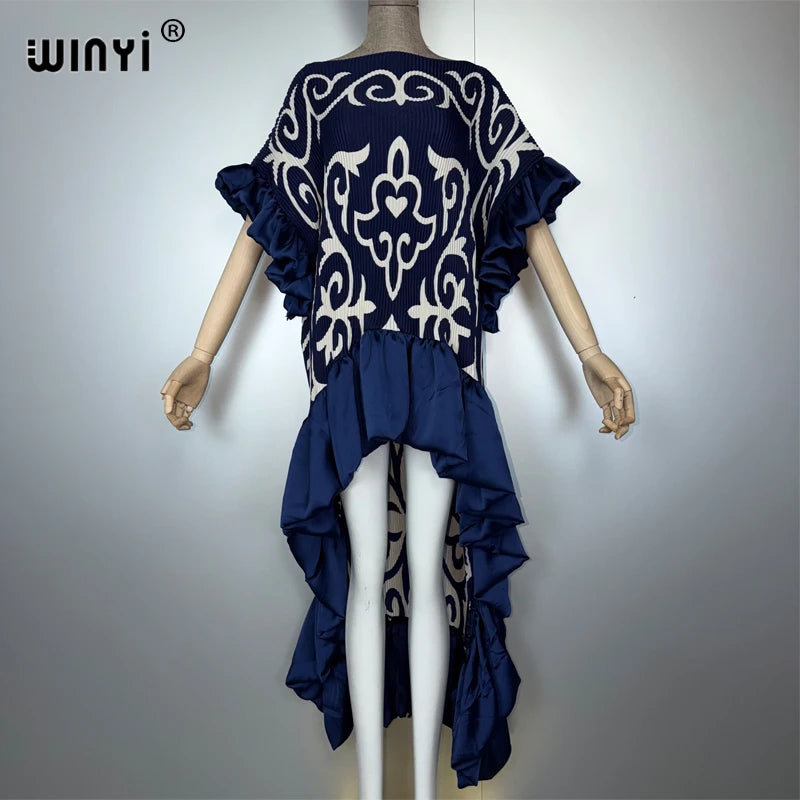 Pleated Irregular Dress - Loose Boho Robe Evening Kaftan