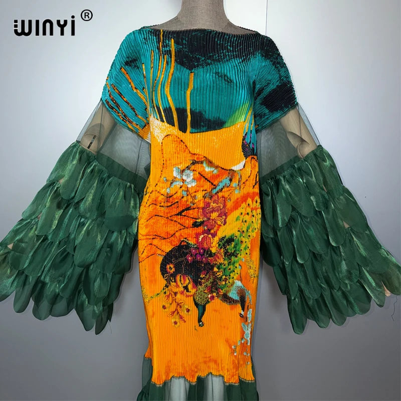 Pleated Elastic Slim Dress - Beach Cover Up Kaftan Abaya