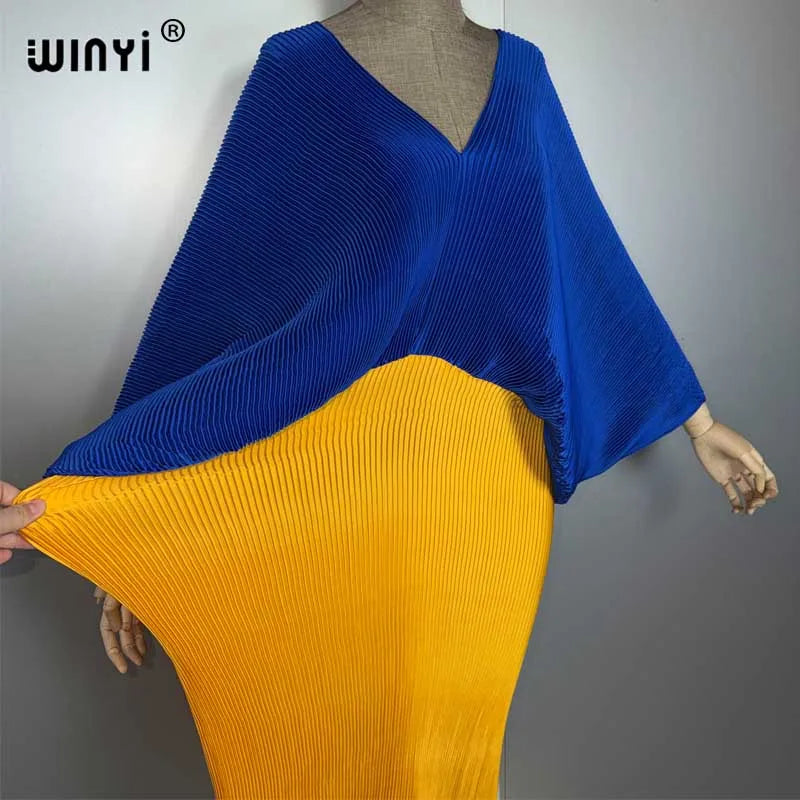Women Elastic Long Dress - Loose Boho Robe Pleated Kaftan